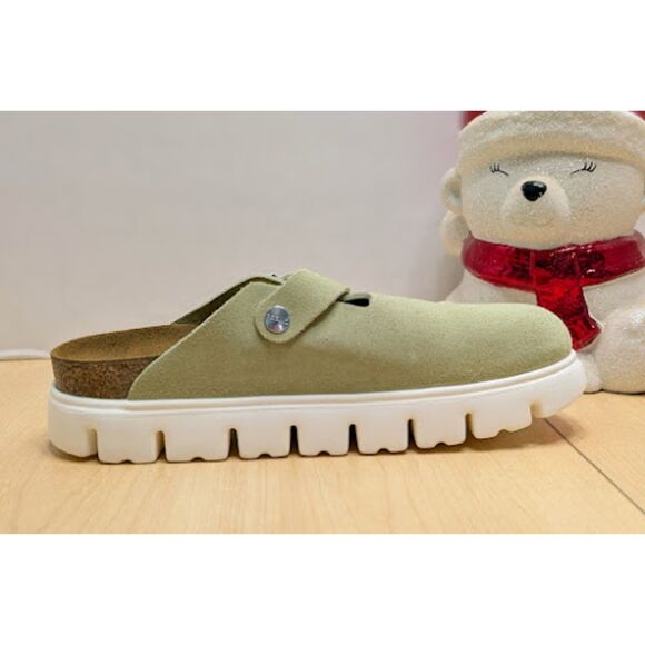 Birkenstock Papillio Boston Chunky Faded Lime Suede Leather Platform Clogs NWT - Picture 9 of 13